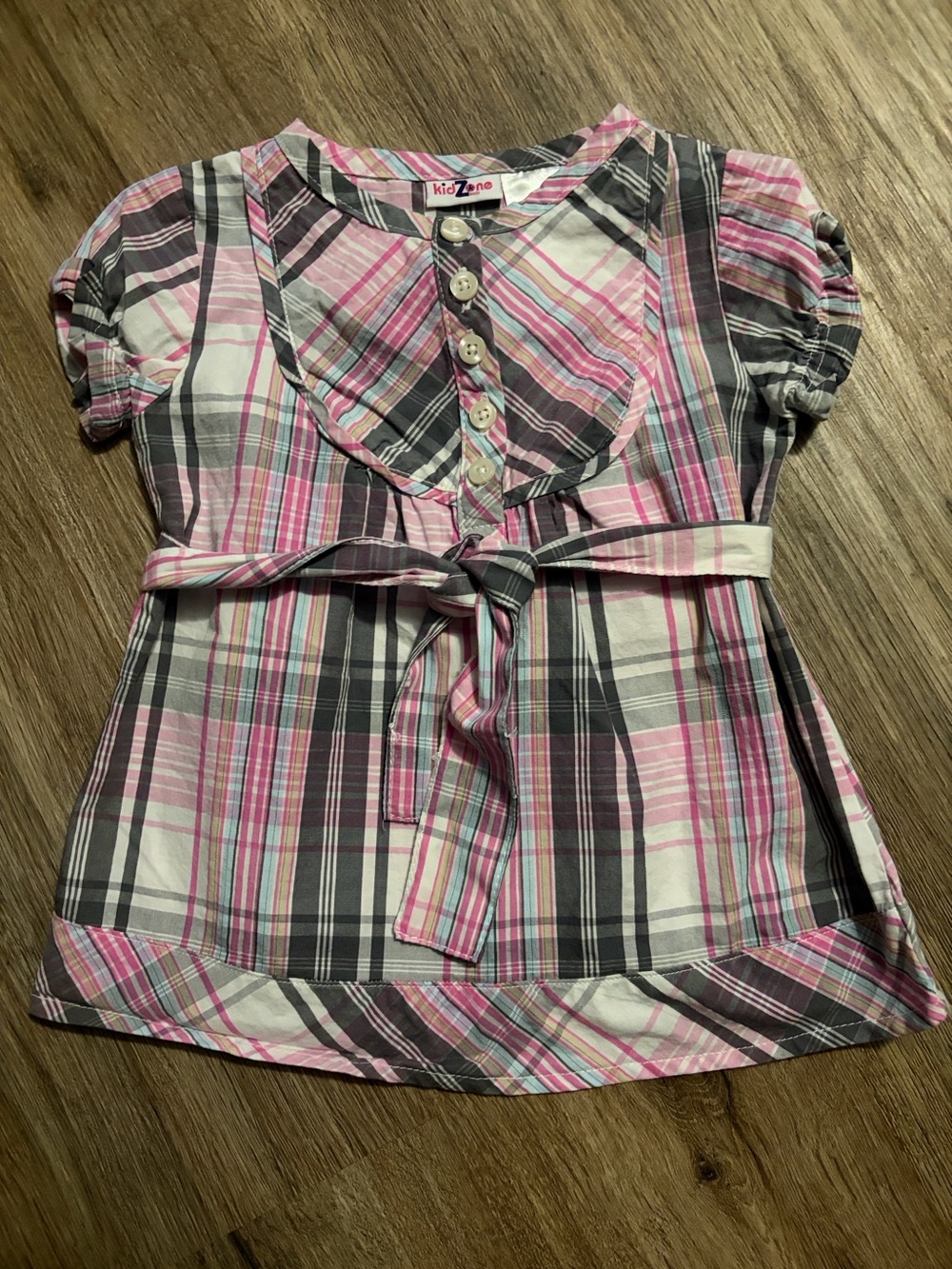 KidZone - Pink & Gray Plaid Button-Front Dress with Bow - Size 12 Months